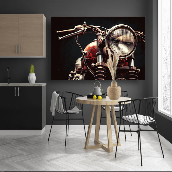 Klassieke motorfiets met koplamp in detail acrylglas