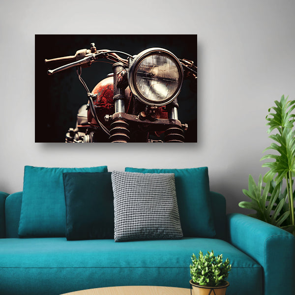 Klassieke motorfiets met koplamp in detail acrylglas