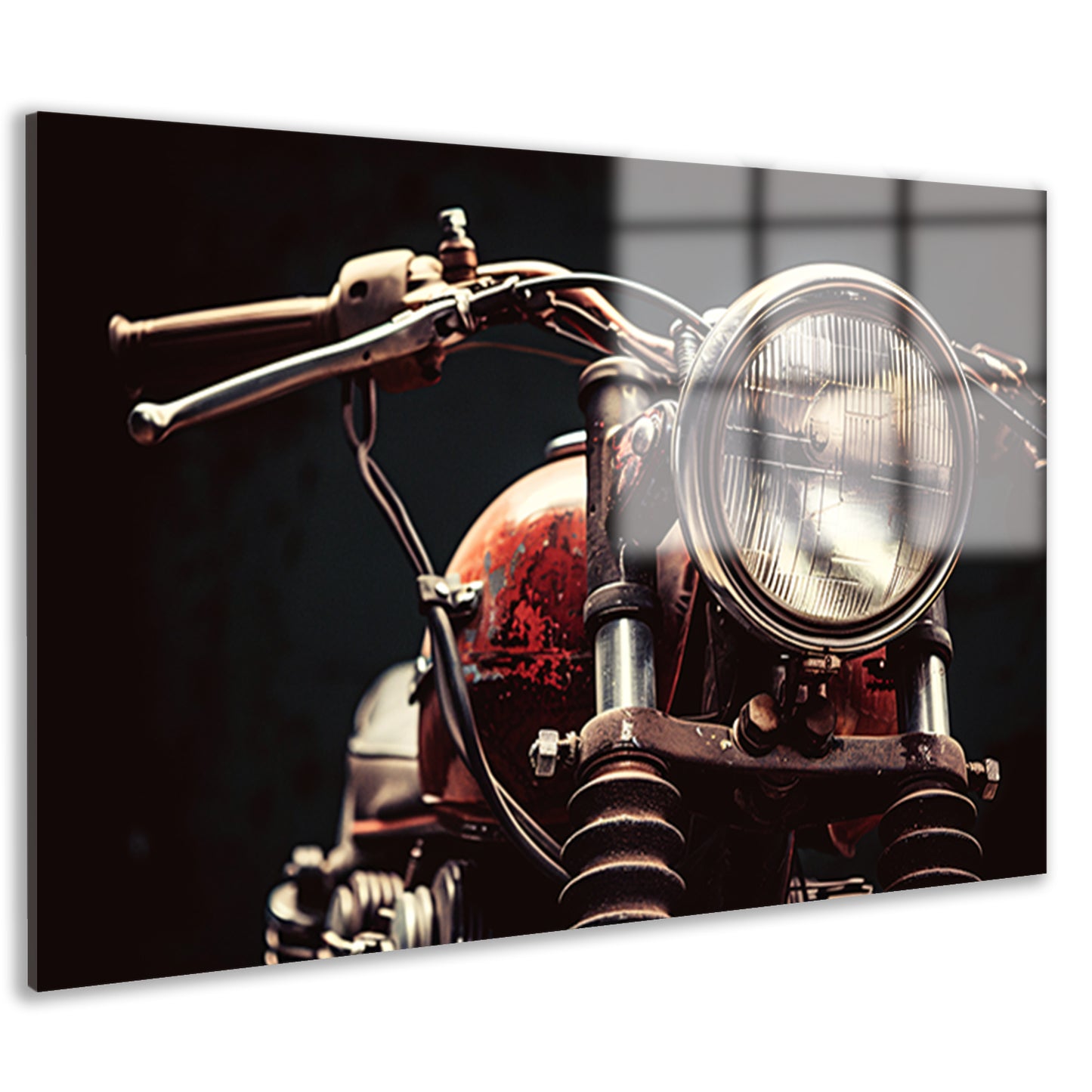 Klassieke motorfiets met koplamp in detail acrylglas