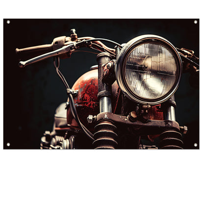 Klassieke motorfiets met koplamp in detail tuinposter