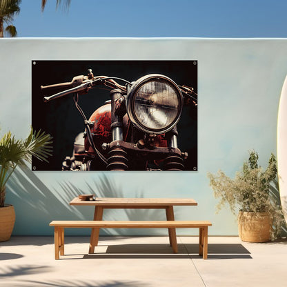 Klassieke motorfiets met koplamp in detail tuinposter