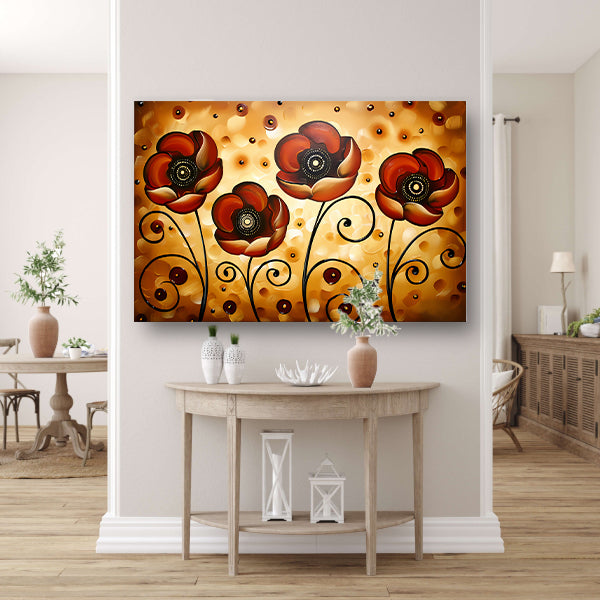 Abstracte warme bloemen kunstwerk schilderij canvas met baklijst