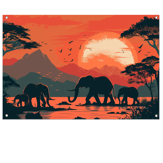 Olifanten bij zonsondergang tuinposter