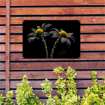 Zwart-wit bloemen met waterdruppels tuinposter