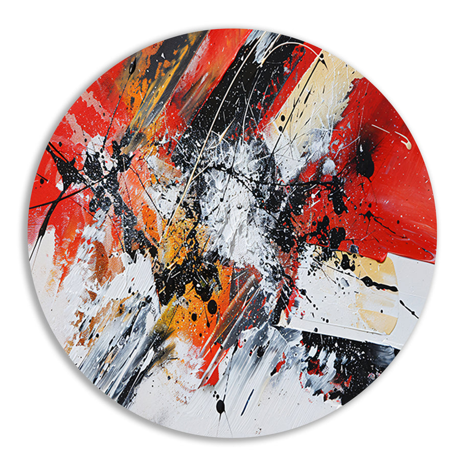 Abstract schilderij met explosieve kleuren aluminium muurcirkel