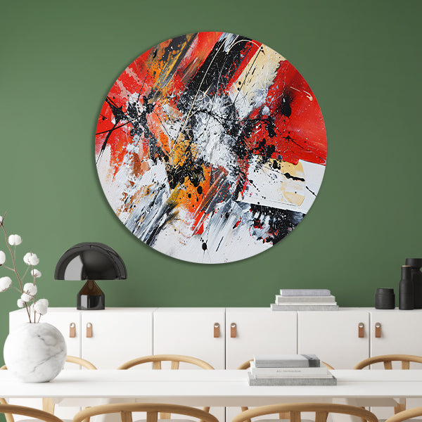 Abstract schilderij met explosieve kleuren aluminium muurcirkel