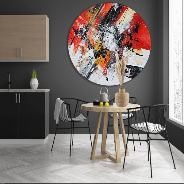 Abstract schilderij met explosieve kleuren aluminium muurcirkel