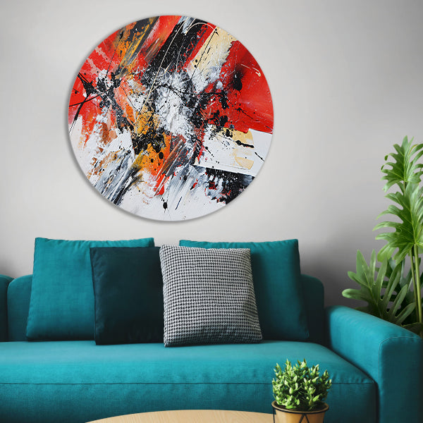 Abstract schilderij met explosieve kleuren aluminium muurcirkel