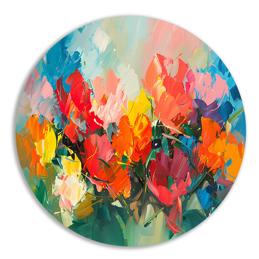 Kleurrijke abstracte bloemenpracht in expressieve stijl aluminium muurcirkel