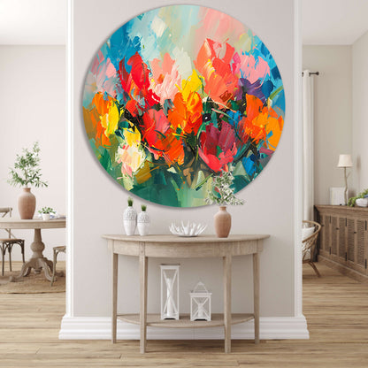 Kleurrijke abstracte bloemenpracht in expressieve stijl aluminium muurcirkel