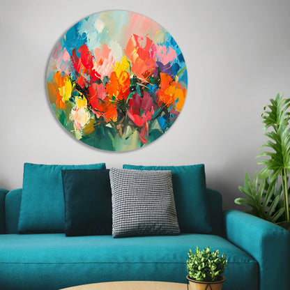Kleurrijke abstracte bloemenpracht in expressieve stijl aluminium muurcirkel