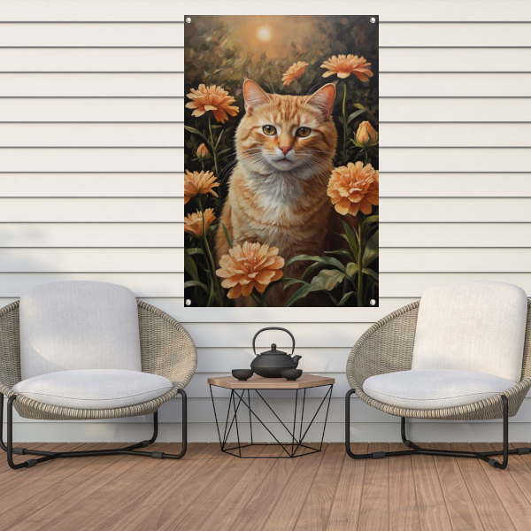 Oranje Kat tussen Bloeiende Goudsbloemen tuinposter