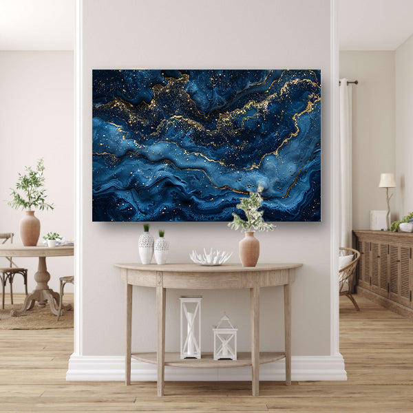 Blauw Gouden Marmer Patroon canvas met baklijst