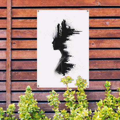 Zwart-wit silhouet met inktvlekken tuinposter