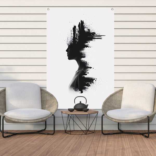 Zwart-wit silhouet met inktvlekken tuinposter