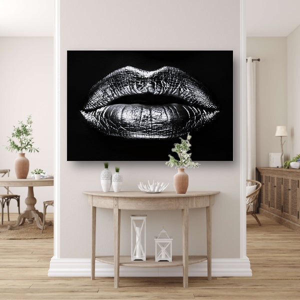 Zwarte glanzende lippen met reflecterende textuur canvas