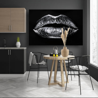 Zwarte glanzende lippen met reflecterende textuur canvas