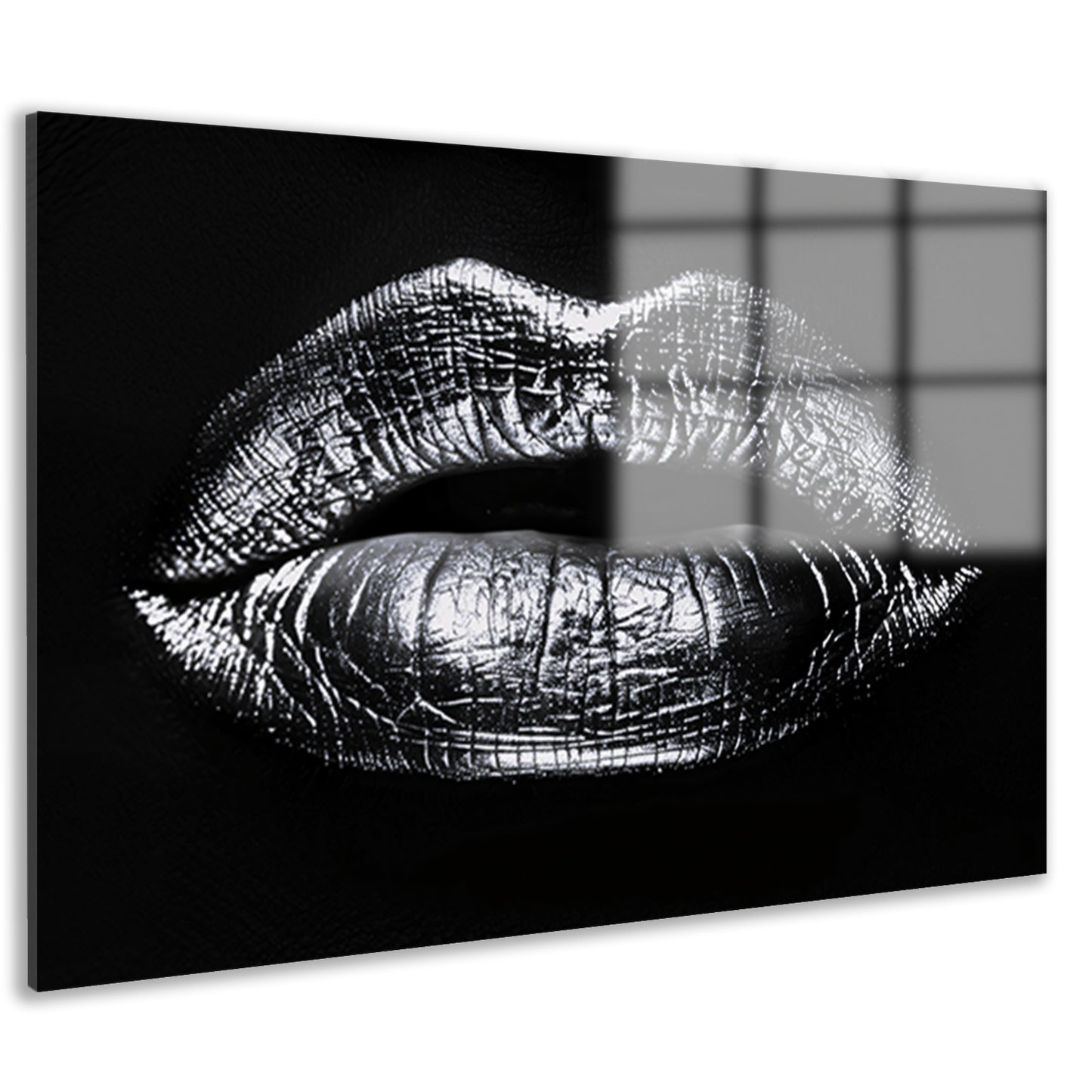 Zwarte glanzende lippen met reflecterende textuur acrylglas