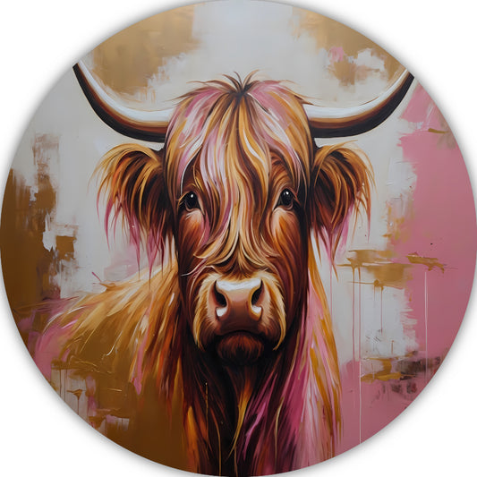Moderne Highland Koe in Gouden Tinten aluminium muurcirkel