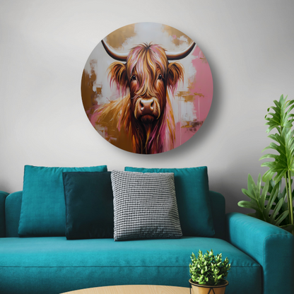 Moderne Highland Koe in Gouden Tinten aluminium muurcirkel