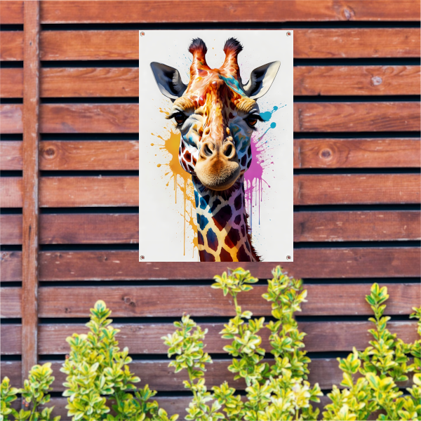 Modern kleurrijk giraffehoofd in popartstijl tuinposter