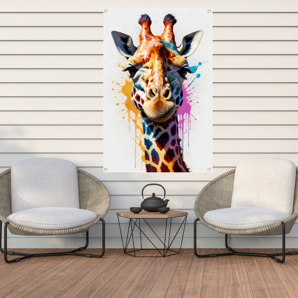 Modern kleurrijk giraffehoofd in popartstijl tuinposter