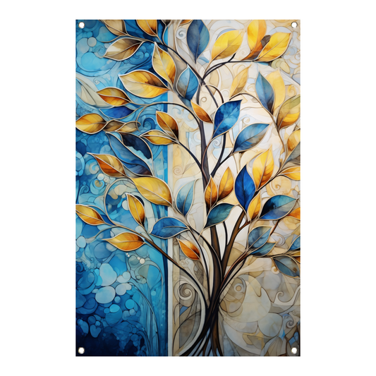 Abstracte Boom in Levendige Blauw en Geeltinten tuinposter