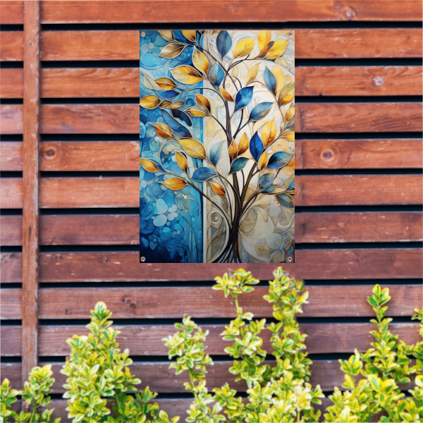 Abstracte Boom in Levendige Blauw en Geeltinten tuinposter