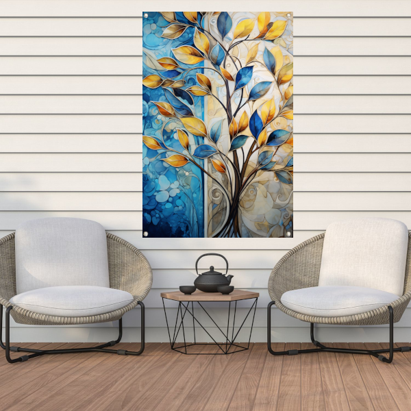 Abstracte Boom in Levendige Blauw en Geeltinten tuinposter