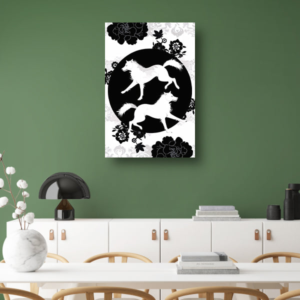 Zwart-wit silhouet van dansende wolven en bloemen poster