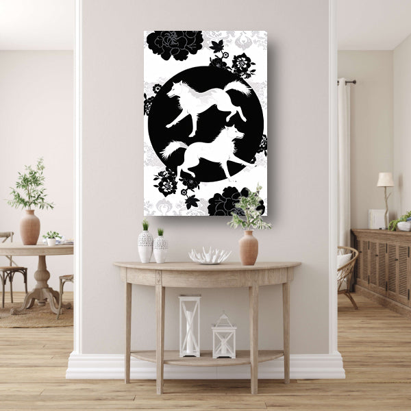 Zwart-wit silhouet van dansende wolven en bloemen poster