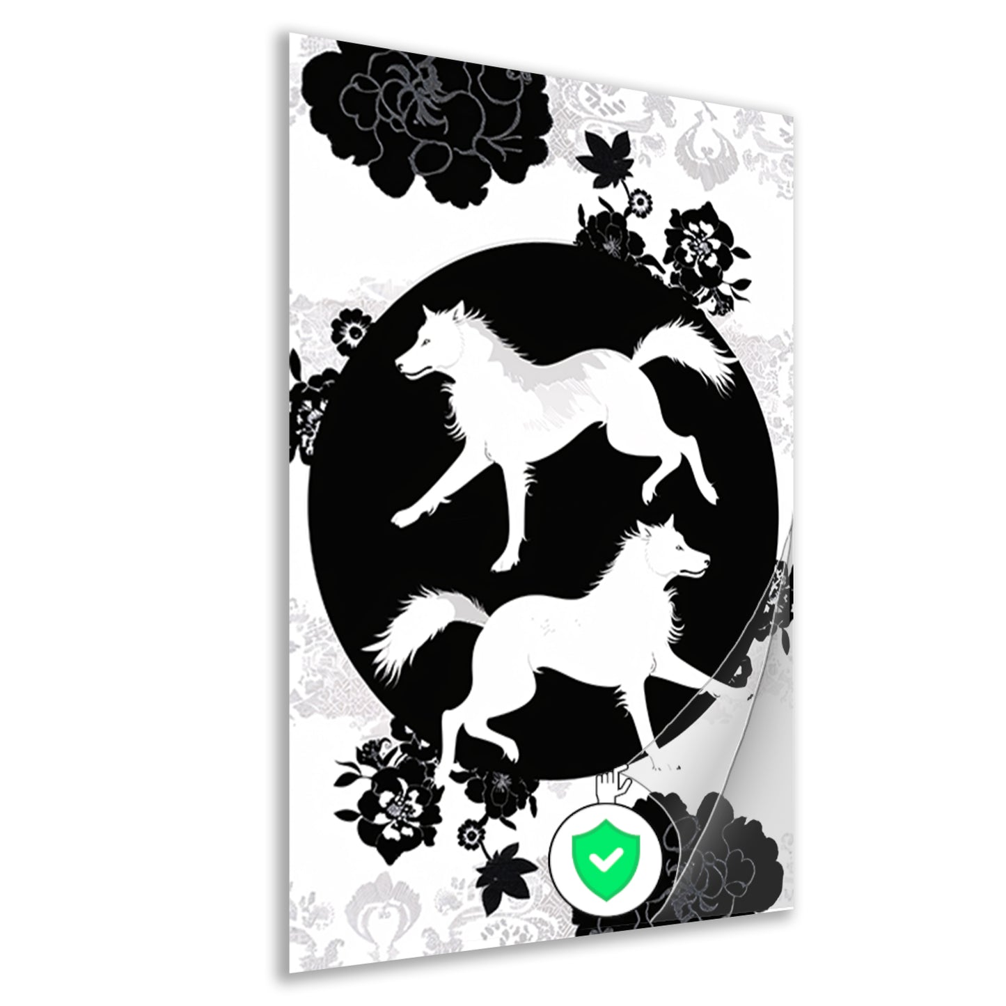 Zwart-wit silhouet van dansende wolven en bloemen poster