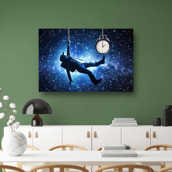 Zwevende man met klok in kosmische ruimte canvas