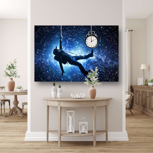 Zwevende man met klok in kosmische ruimte canvas