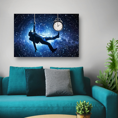 Zwevende man met klok in kosmische ruimte acrylglas