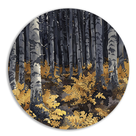 Realistisch schilderij van bomen en varens aluminium muurcirkel