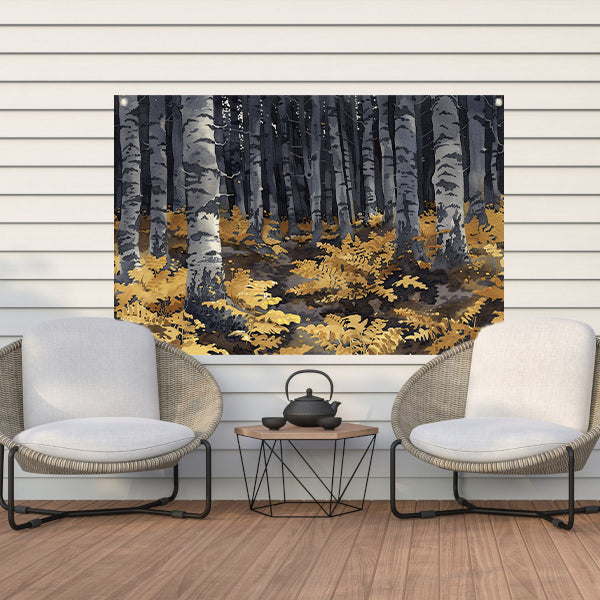 Realistisch schilderij van bomen en varens tuinposter