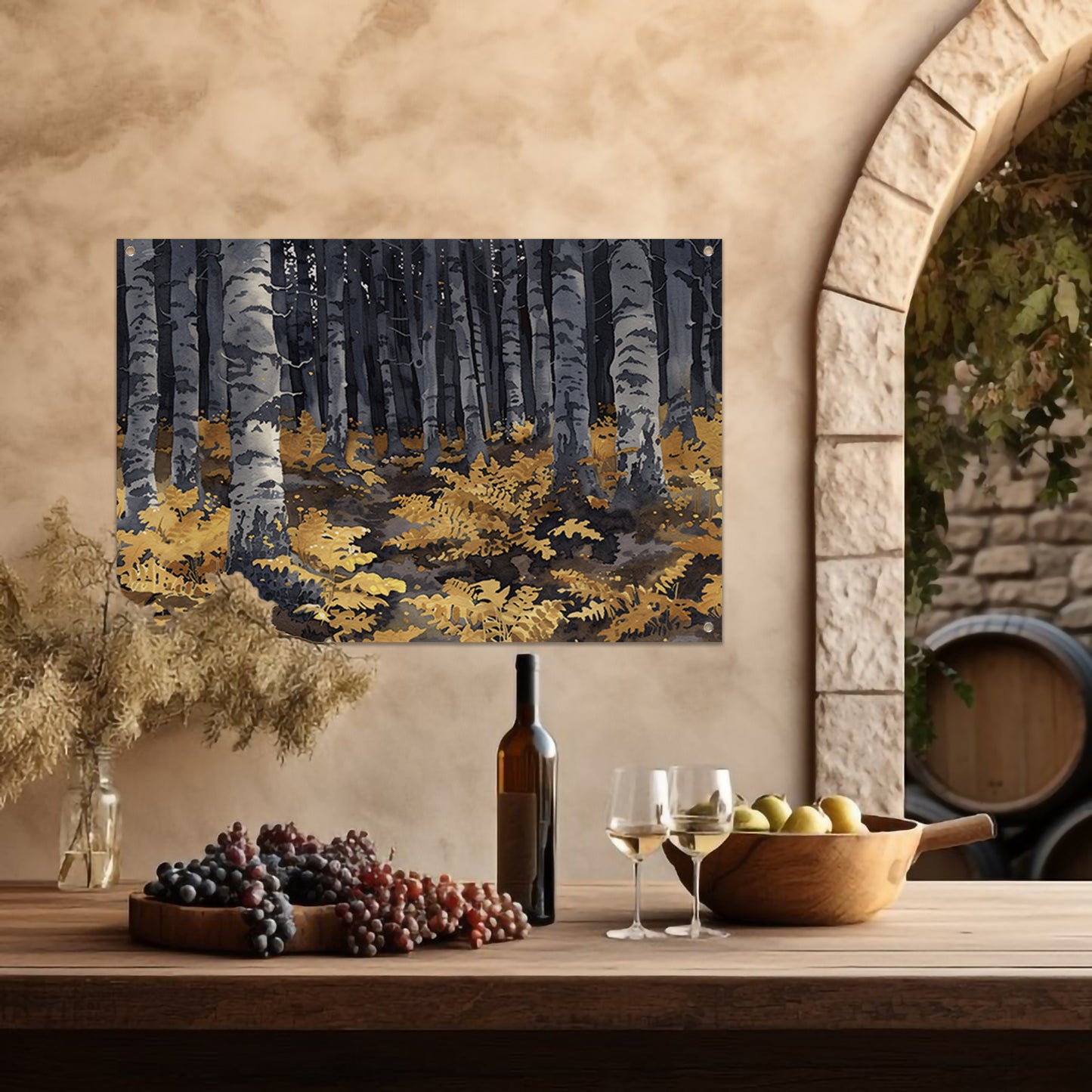 Realistisch schilderij van bomen en varens tuinposter