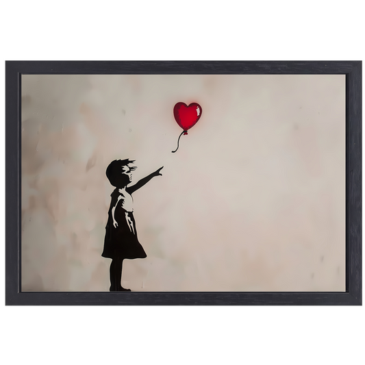 Silhouet van meisje met rode hartvormige ballon canvas met baklijst