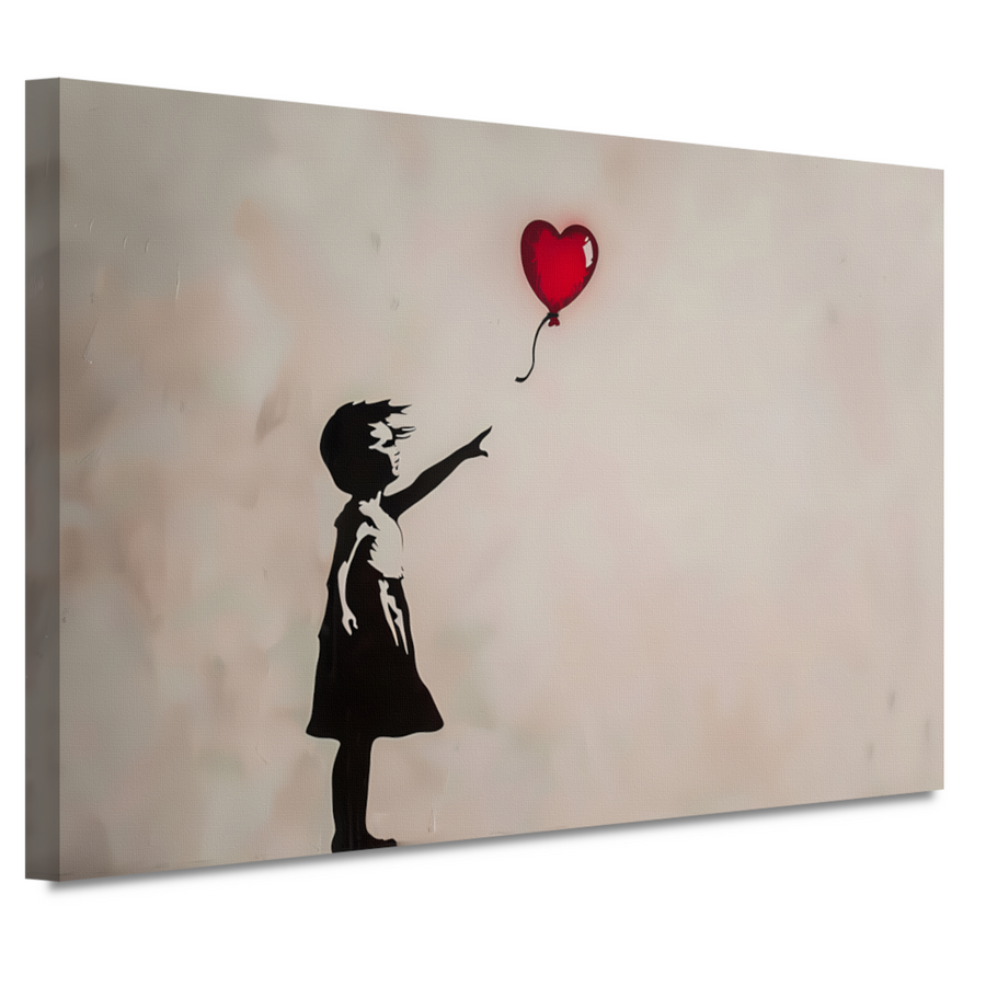 Silhouet van meisje met rode hartvormige ballon canvas