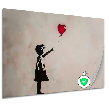 Silhouet van meisje met rode hartvormige ballon poster