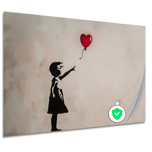 Silhouet van meisje met rode hartvormige ballon poster