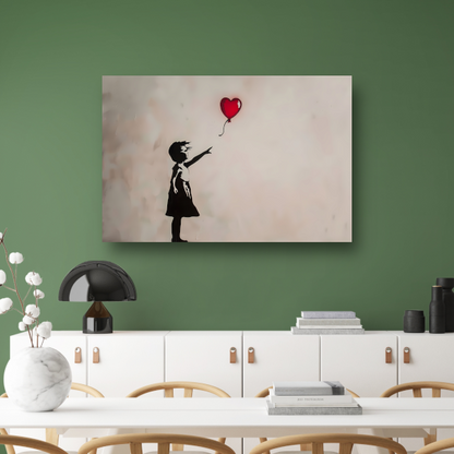 Silhouet van meisje met rode hartvormige ballon poster