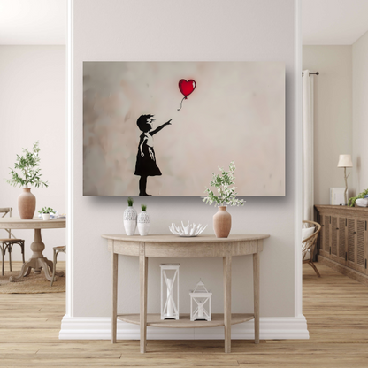 Silhouet van meisje met rode hartvormige ballon poster