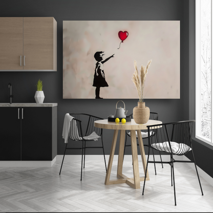 Silhouet van meisje met rode hartvormige ballon poster