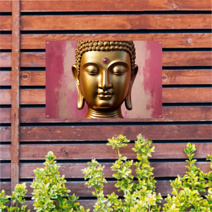 Serene Gouden Boeddha met Roze Achtergrond tuinposter