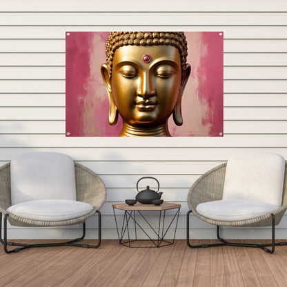 Serene Gouden Boeddha met Roze Achtergrond tuinposter