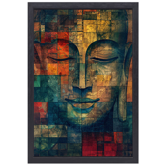 Abstracte Boeddha in kleurrijke kubistische stijl canvas met baklijst