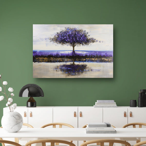 Paarse boom in abstract landschap schilderij acrylglas