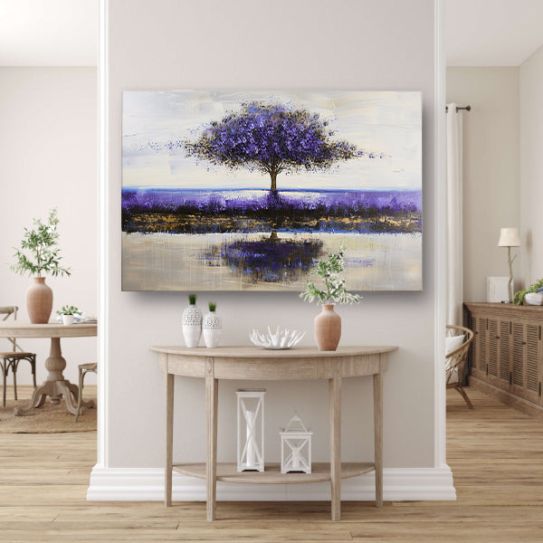 Paarse boom in abstract landschap schilderij acrylglas